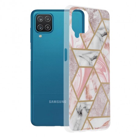 Husa Carcasa Spate pentru Samsung Galaxy A12 / Galaxy A12 (Nacho) - Marble Design, Hexagoane Roz