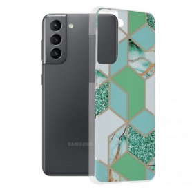 Husa Carcasa Spate pentru Samsung Galaxy S21 - Marble Design, Hexagoane Verzi