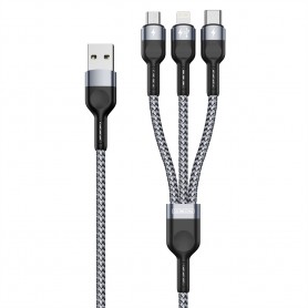 Cablu de Date 3 in 1, USB la Type-C, Lightning, Micro-USB, 1.3m - Duzzona (A3) - Grey