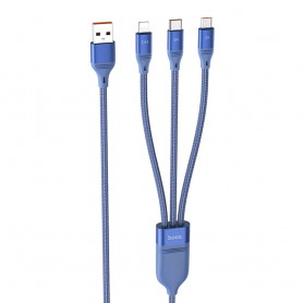 Cablu de Date 3in1 USB-A la Lightning, Type-C, Micro-USB 66W, 6A, 1.2m - Hoco Ultra (U104) - Blue