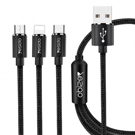 Cablu de Date 3in1 USB la Lightning, Type-C, Micro USB 60W, 3A, 1.2m - Yesido (CA-60) - Black