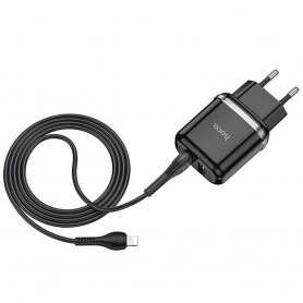 Incarcator Priza 2xUSB-A, 12W, 2.4A + Cablu Lightning 1m - Hoco Aspiring (N4) - Black