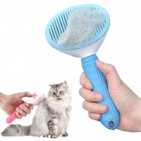 Perie pentru curatare parului caini si pisici, cu buton de autocuratare, Albastra  - 1