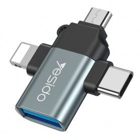 Adaptor OTG USB la Lightning, Micro-USB, Type-C 480Mbps - Yesido (GS15) - Negru