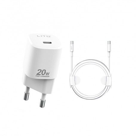 Lito - Wall Charger (LT-LC01) - Type-C PD20W Fast Charging for iPhone, Samsung, iPad with Cable USB-C to USB-C, 1m - Alb