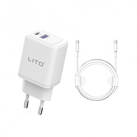Lito - Wall Charger (LT-LC02) - Type-C PD20W, USB-A 18W, Fast Charging with Cable USB-C to USB-C, 1m - Alb
