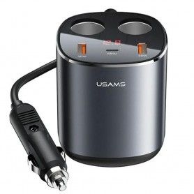 Usams - Dual Cigarette Lighters Fast Car Charger US-CC151 C28 (CC151TC01) - 2 x USB, Type-C, Digital Display, 245W - Grey