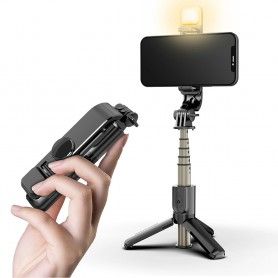 Selfie Stick Stabil cu Trepied si Lumina, 70cm, Mini - Techsuit (L10s) - Negru