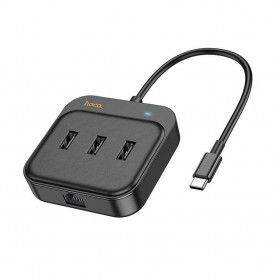 Adaptor USB-C la 3x USB2.0 + RJ45, 0.2m - Hoco Easy Link (HB35) - Negru