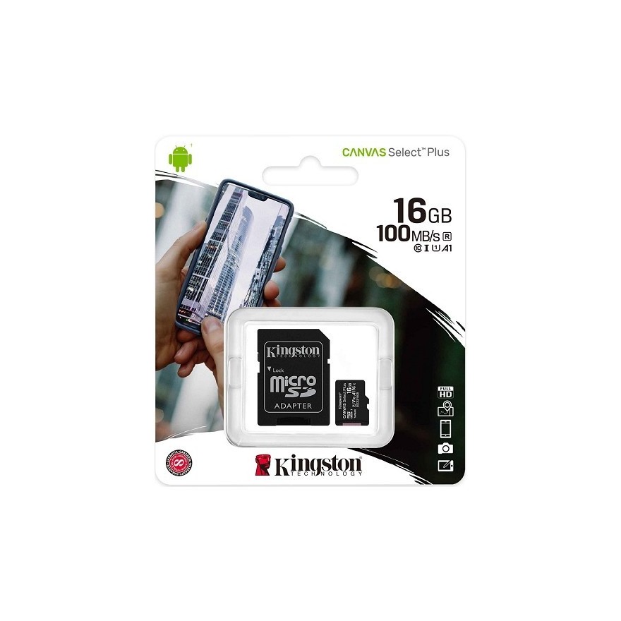 Card de memorie Kingston MicroSD, Canvas Select Plus, 16GB, Class 10 UHS-I, cu Adaptor  - 1