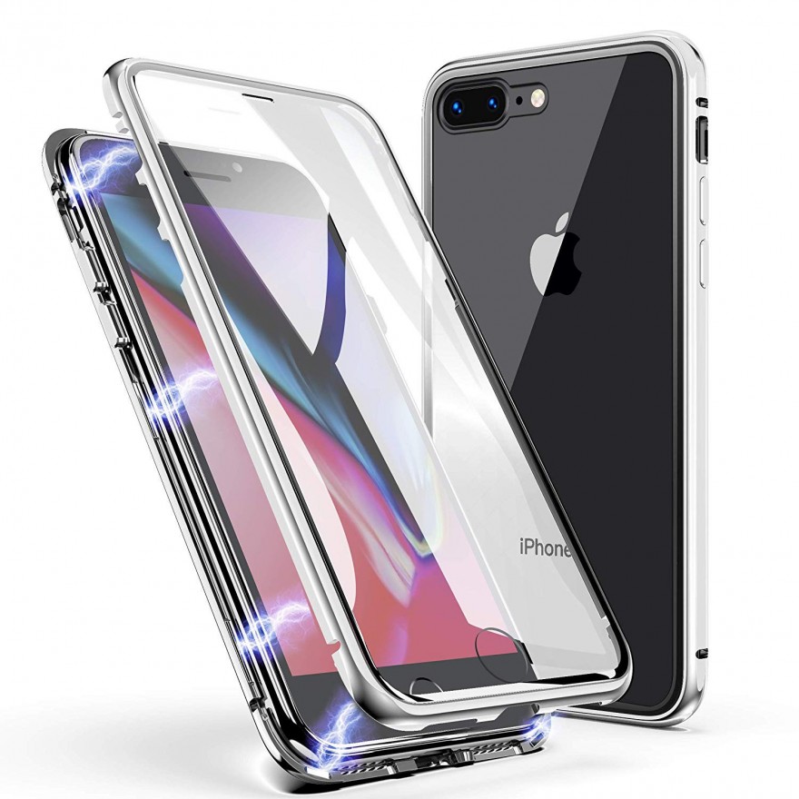 Husa Magnetica cu bumper din aluminiu si spate din sticla pentru iPhone 7 Plus / 8 Plus  - 3