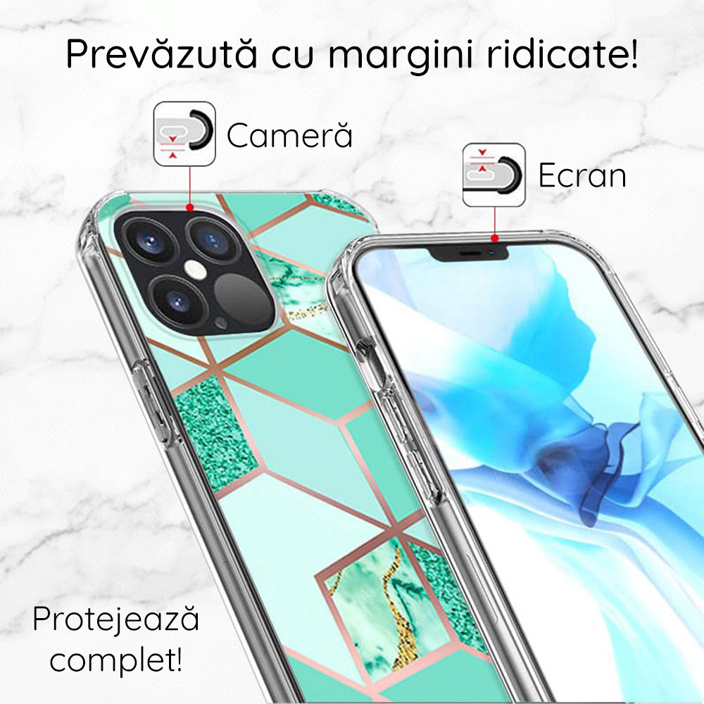 Husa Carcasa Spate pentru iPhone 13 Pro Max - Marble Design, Hexagoane Verzi - 3